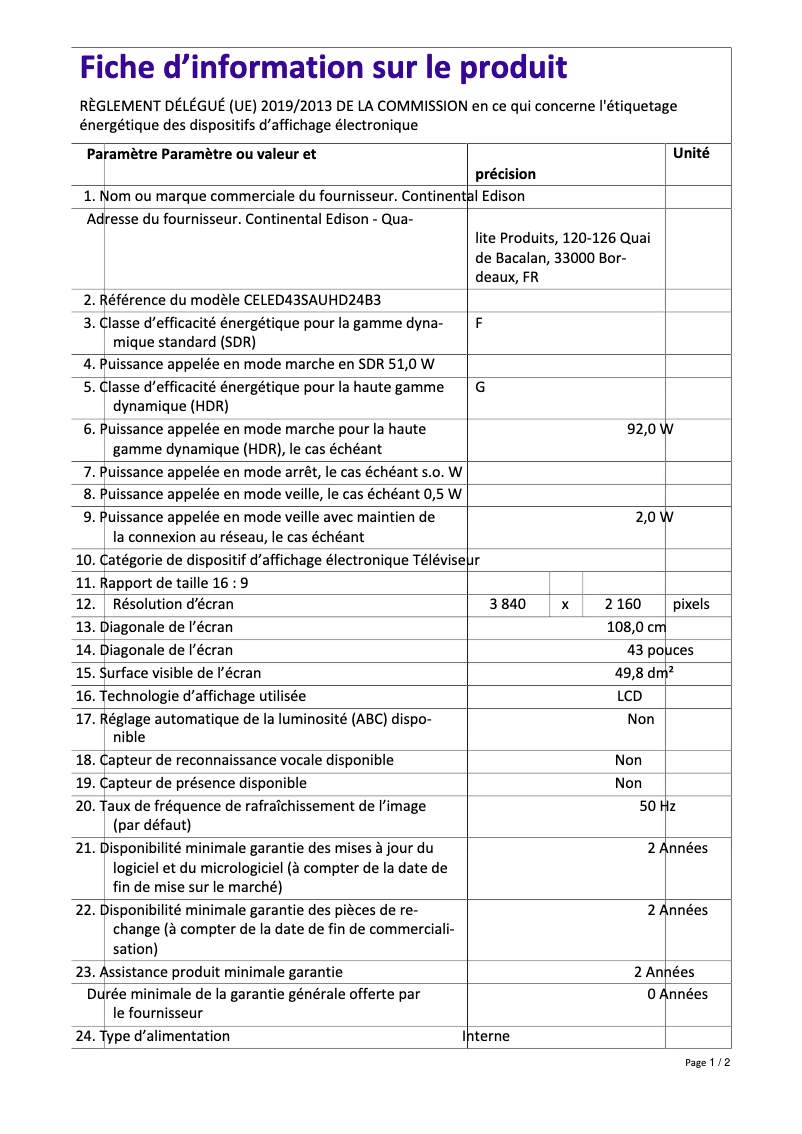 Page 1 de la notice Label énergétique Continental Edison CELED43SAUHD24B3