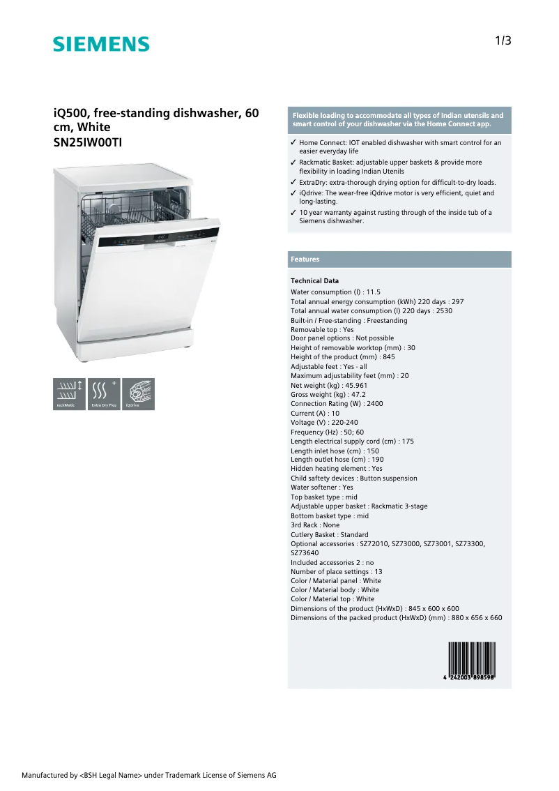 Page n°1 - Manuel utilisateur Siemens SN25IW00TI