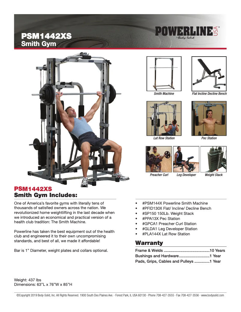 Page 1 de la notice Fiche technique Body-Solid Powerline PSM1442XS