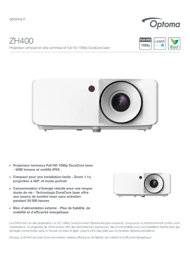 Page n°1 - Fiche technique Optoma ZH400