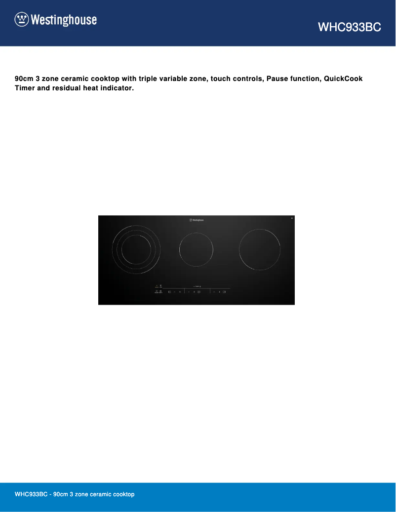 Page 1 de la notice Fiche technique Westinghouse WHC933BC
