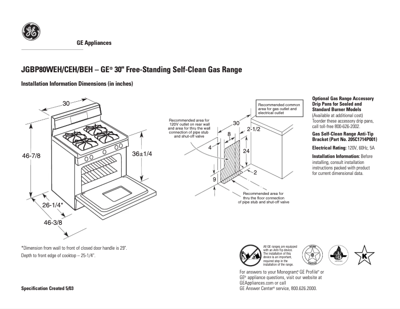 Page 1 de la notice Fiche technique GE JGBP80WEHWW