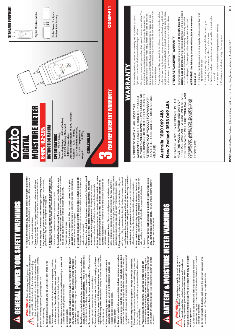 Page 1 de la notice Manuel utilisateur Ozito ODMM-P11