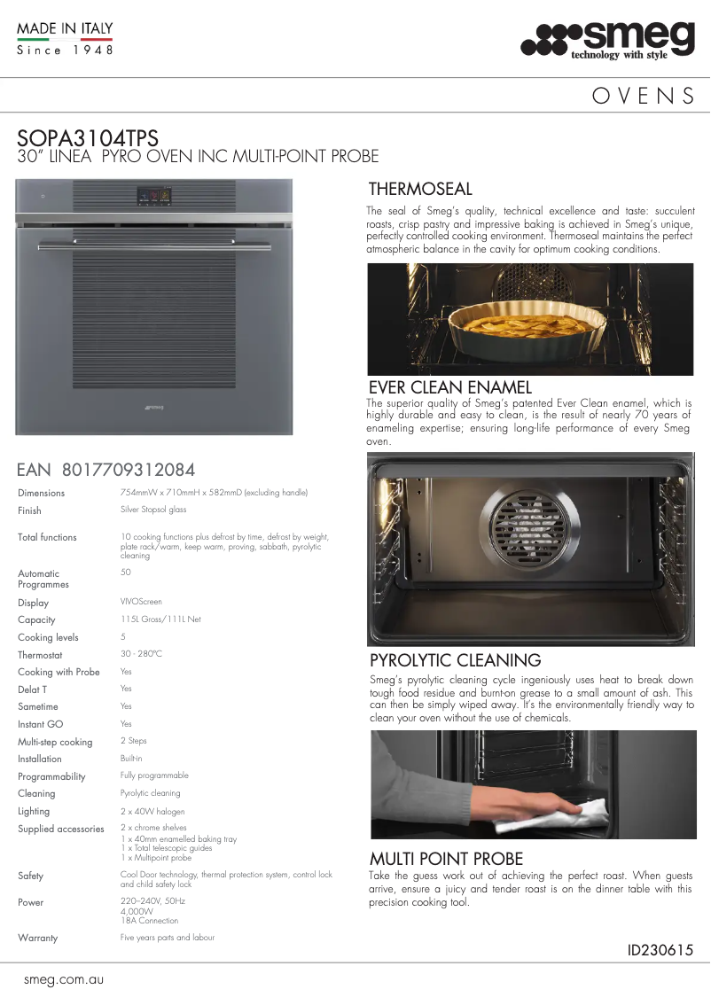 Page 1 de la notice Fiche technique Smeg SOPA3104TPS