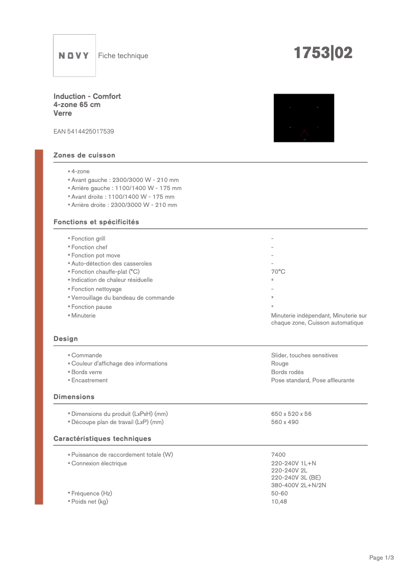 Page 1 de la notice Fiche technique Novy Confort 1753