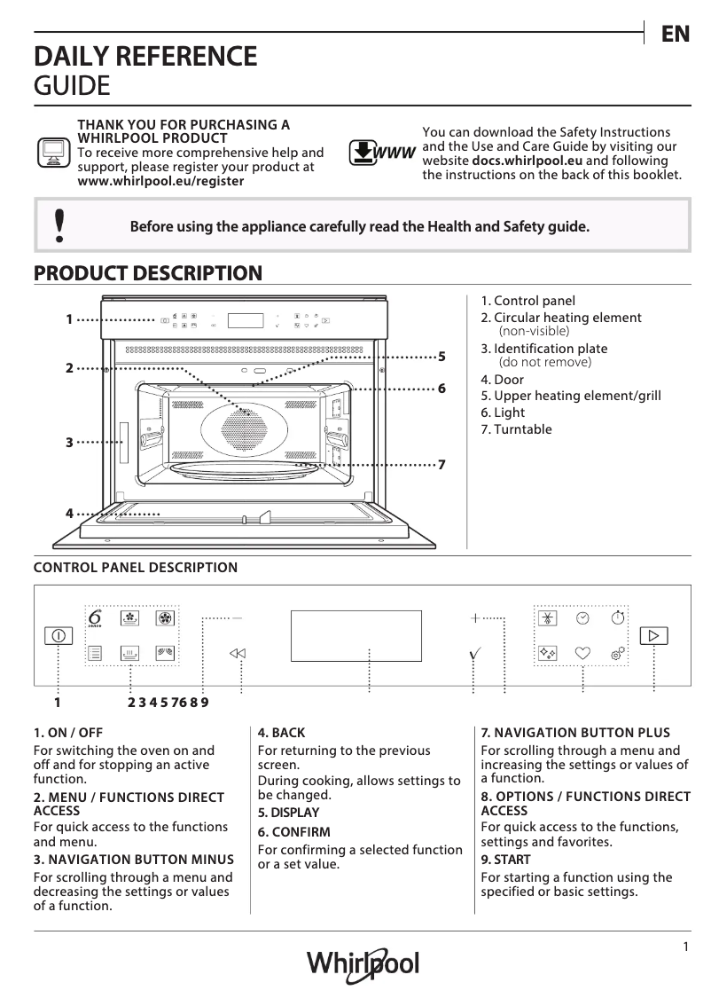 Page 1 de la notice Guide d'installation Whirlpool W7MW461UK