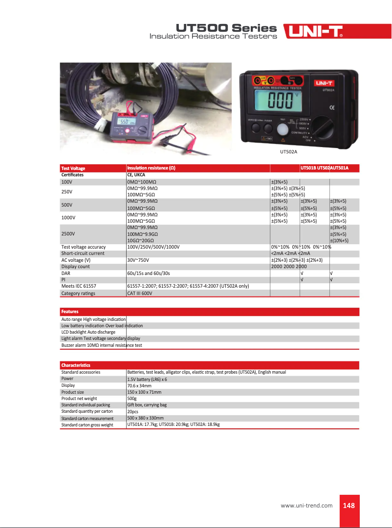 Page 1 de la notice Fiche technique Uni-T UT502A