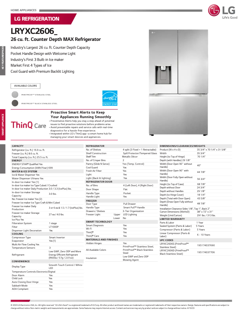 Page 1 de la notice Fiche technique LG LRYXC2606D