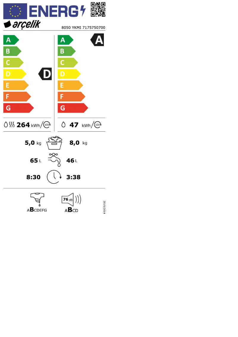 Page 1 de la notice Label énergétique Arçelik 8050 YKMI