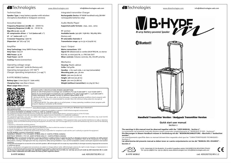 Page 1 de la notice Manuel utilisateur DB Technologies B-Hype Mobile HT