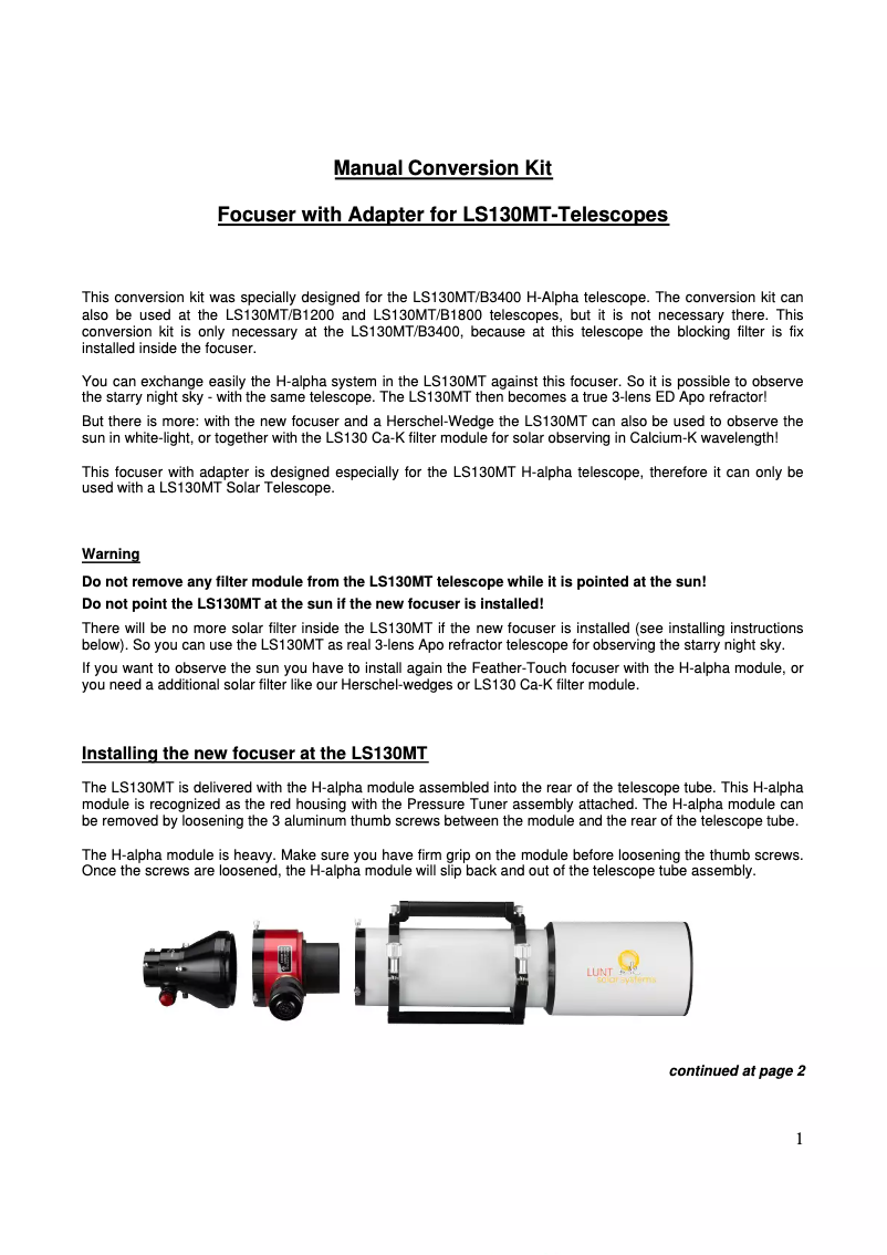 Page 1 de la notice Manuel utilisateur Lunt Solar Systems LS130T