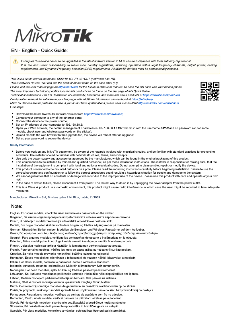 Page n°1 - Manuel utilisateur Mikrotik netPower Lite 7R