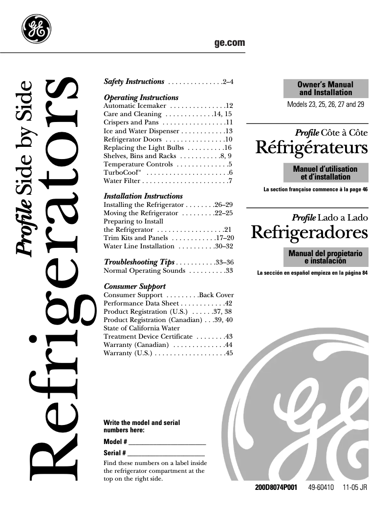 Page 1 de la notice Manuel d'utilisation et d'entretien GE Profile PSS26LGSCC