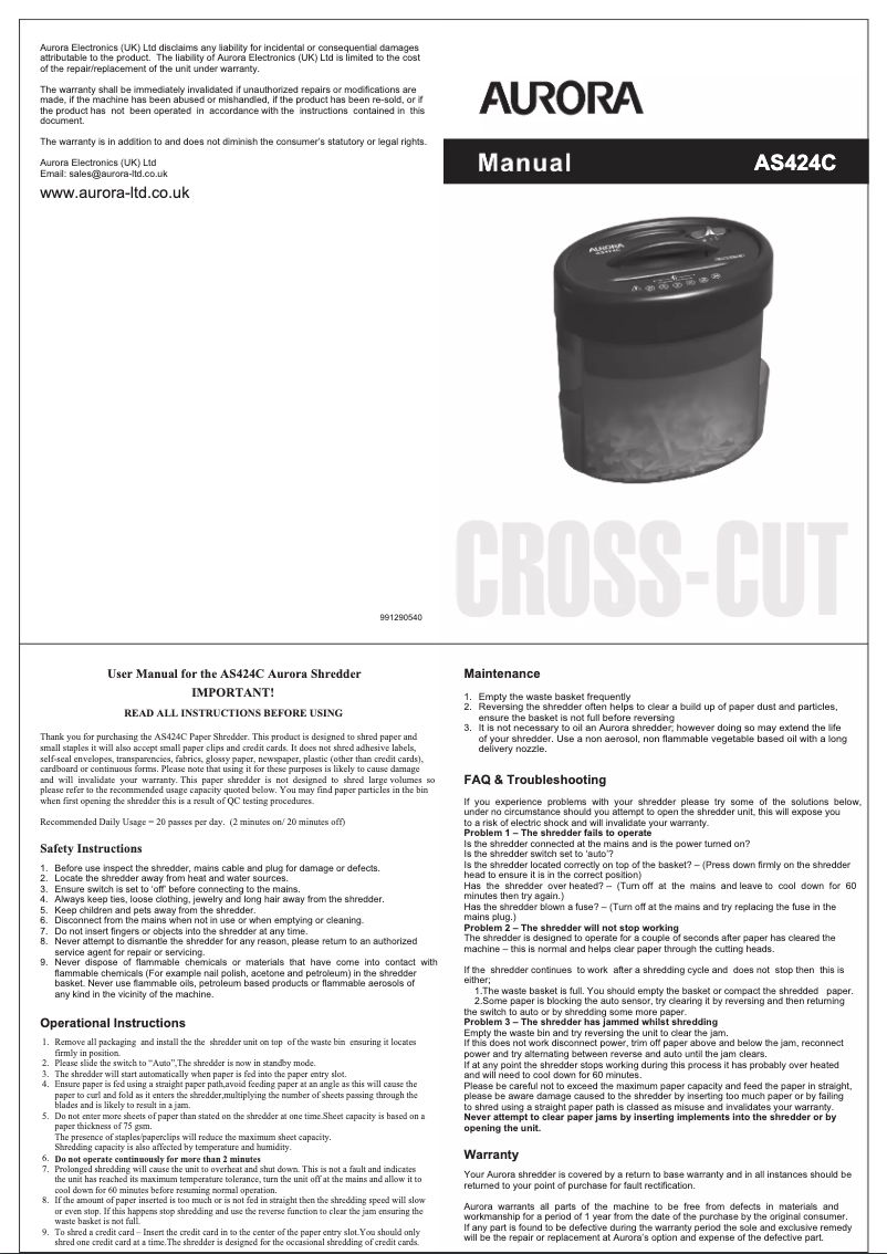 Image de la première page du manuel de l'appareil AS424C