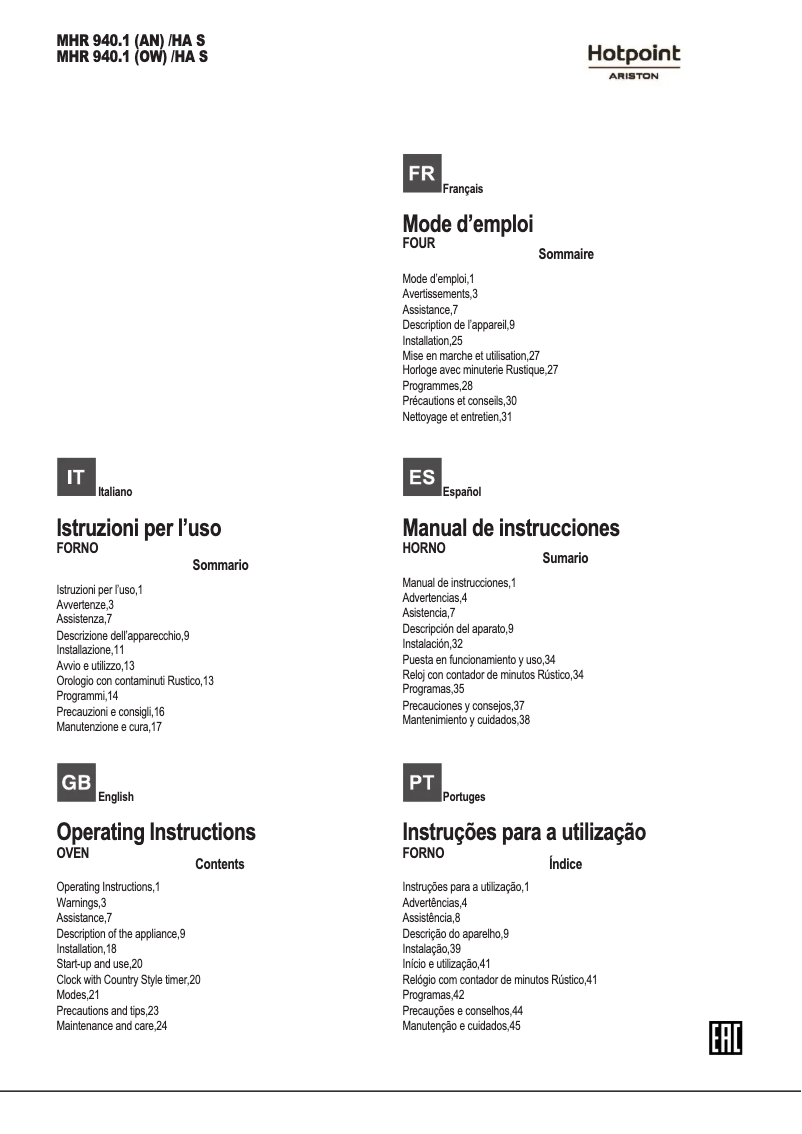 Page n°1 - Manuel utilisateur Hotpoint Ariston MHR 940.1 (OW)/HA S