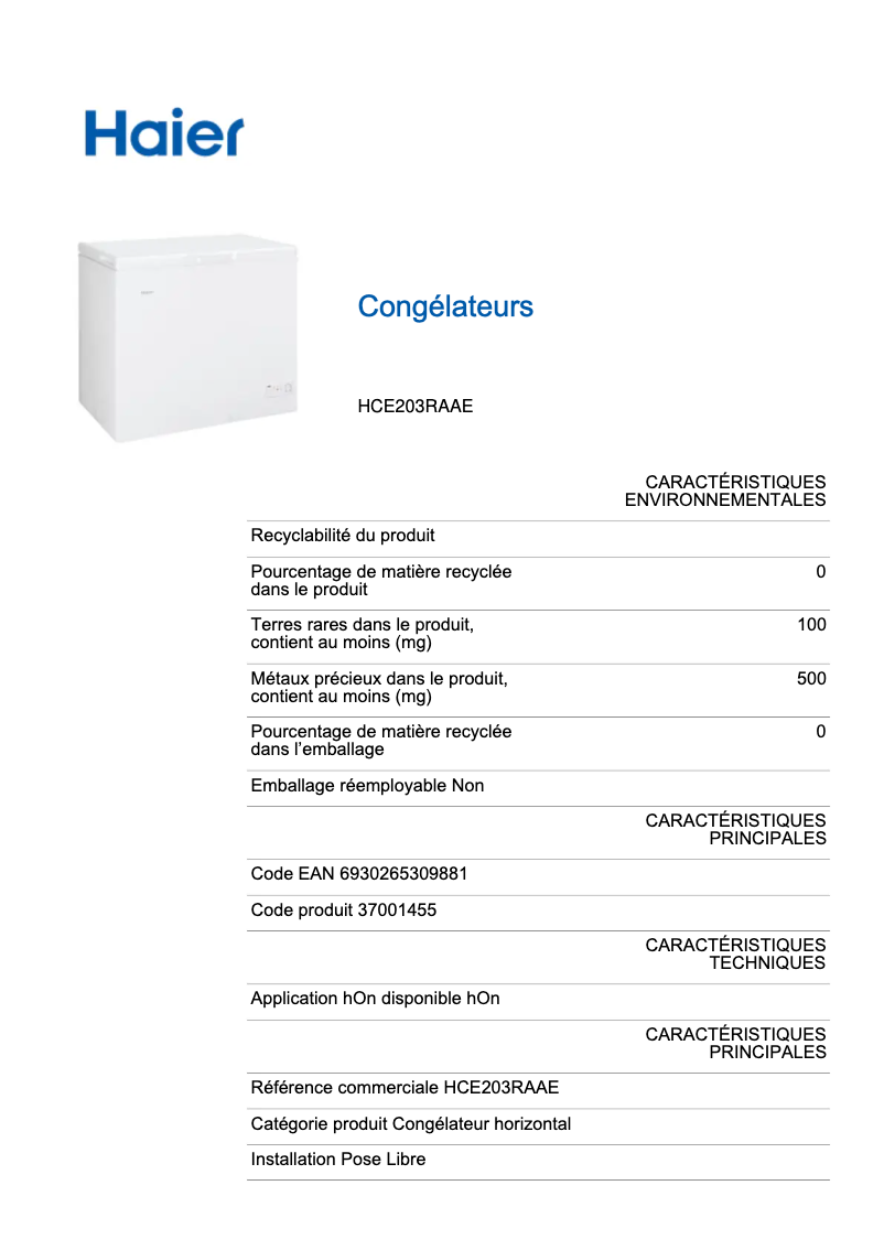 Page 1 de la notice Label énergétique Haier HCE203RAAE