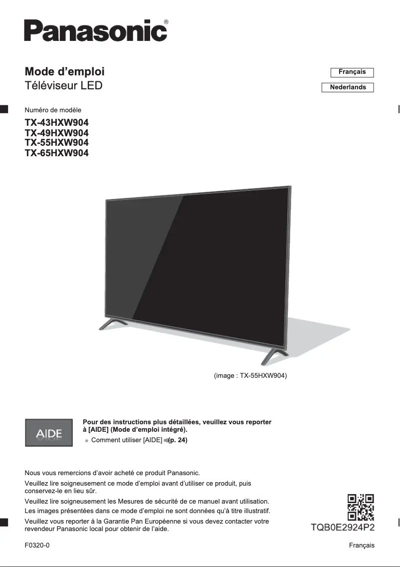 Page 1 de la notice Guide de démarrage rapide Panasonic TX-43HXW904