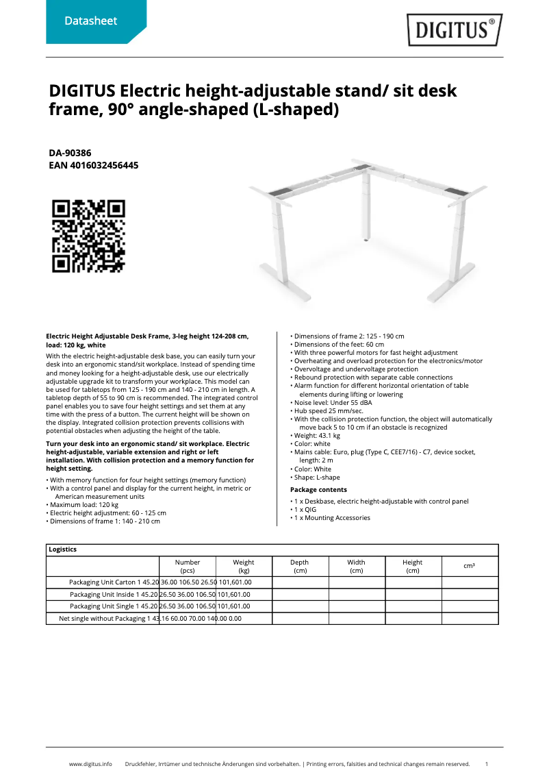 Page 1 de la notice Fiche technique Digitus DA-90386
