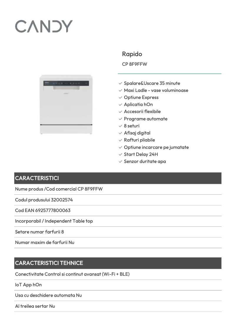 Page 1 de la notice Fiche technique Candy CP 8F9FFW