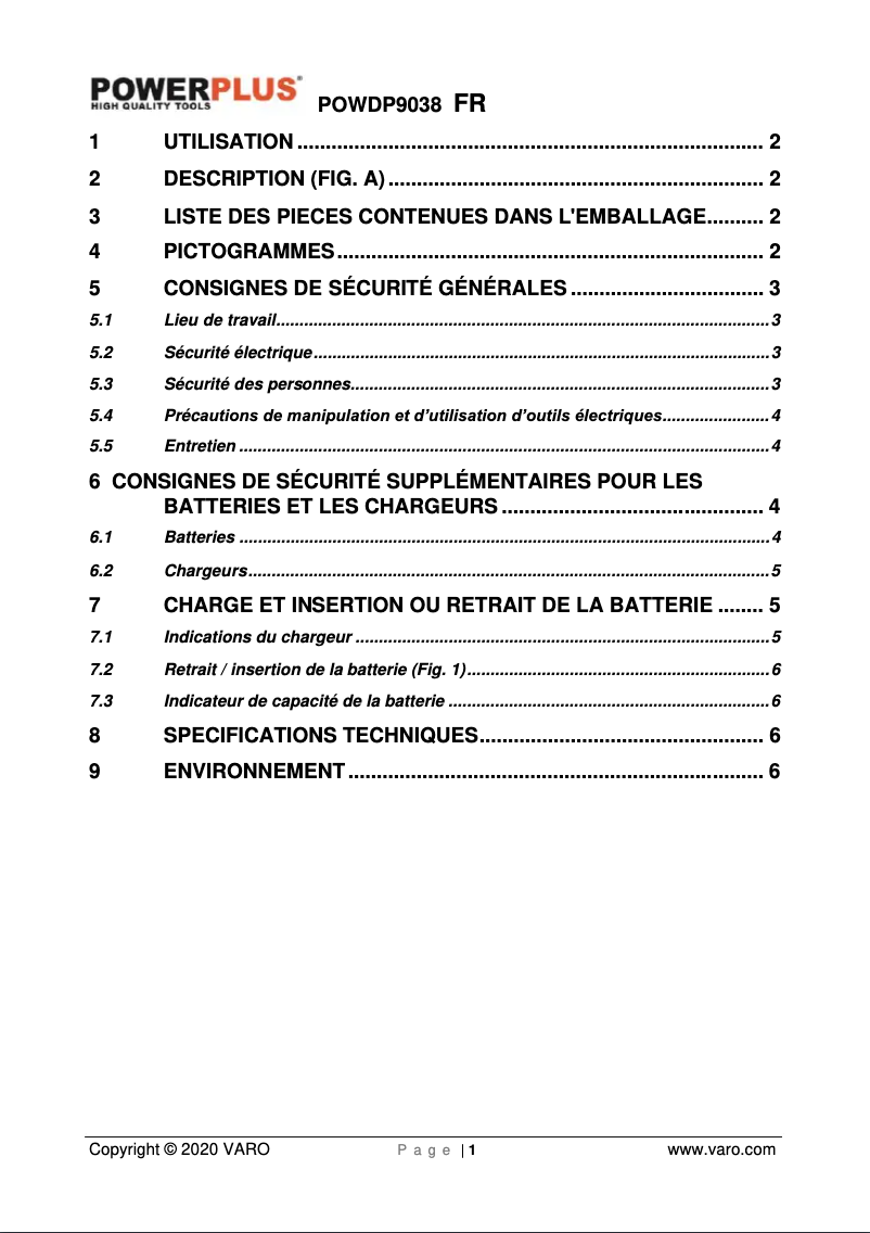 Page n°1 - Manuel utilisateur PowerPlus POWDP9038