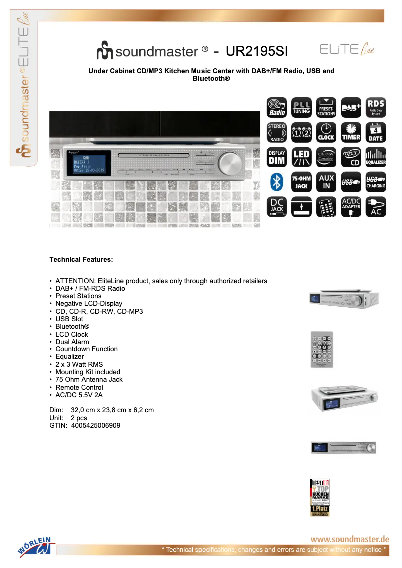 Page 1 de la notice Fiche technique Soundmaster UR2195