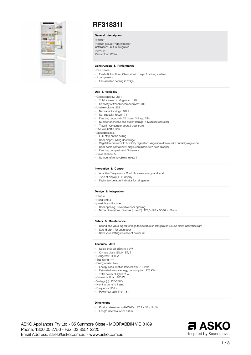 Page n°1 - Fiche technique Asko RF31831I