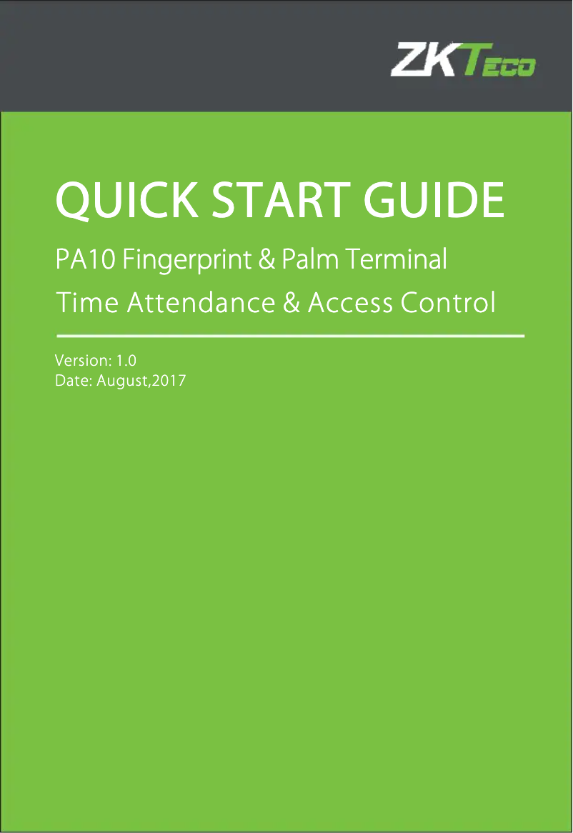 Page 1 de la notice Guide de démarrage rapide ZKTeco PA10