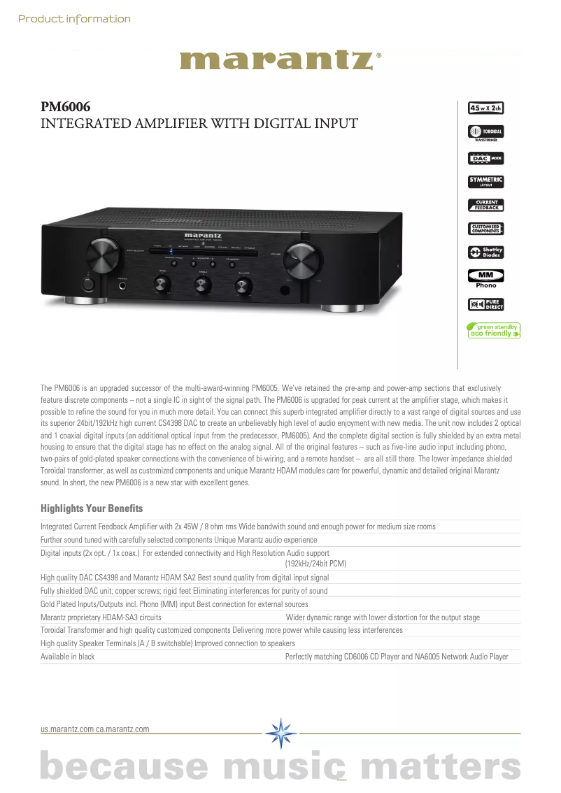 Page n°1 - Fiche technique Marantz PM6006