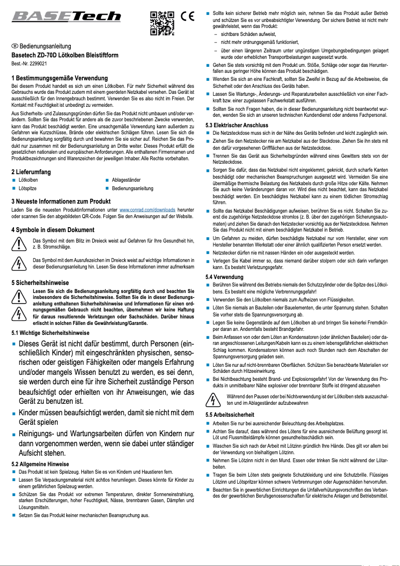 Page 1 de la notice Manuel utilisateur BaseTech ZD-70D