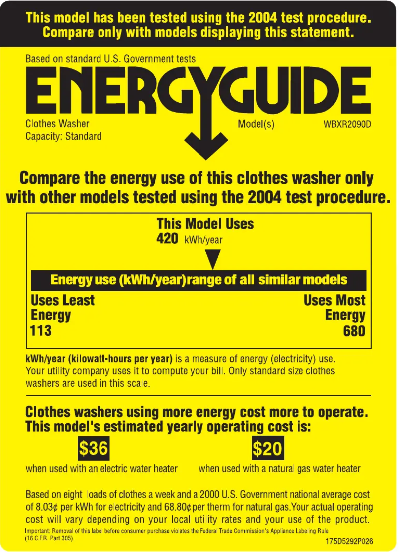 Page 1 de la notice Label énergétique GE WBXR2090DWW
