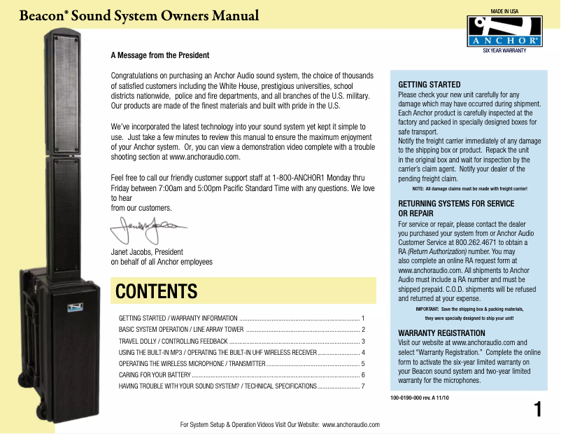 Page n°1 - Manuel utilisateur Anchor Audio BBP-7500/HH