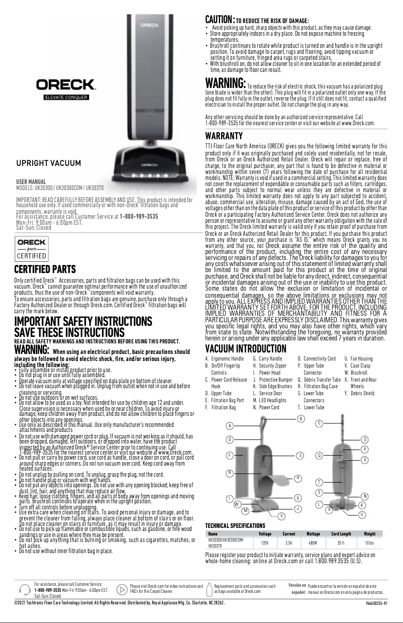 Page 1 de la notice Manuel utilisateur Oreck Elevate Conquer UK30300PC