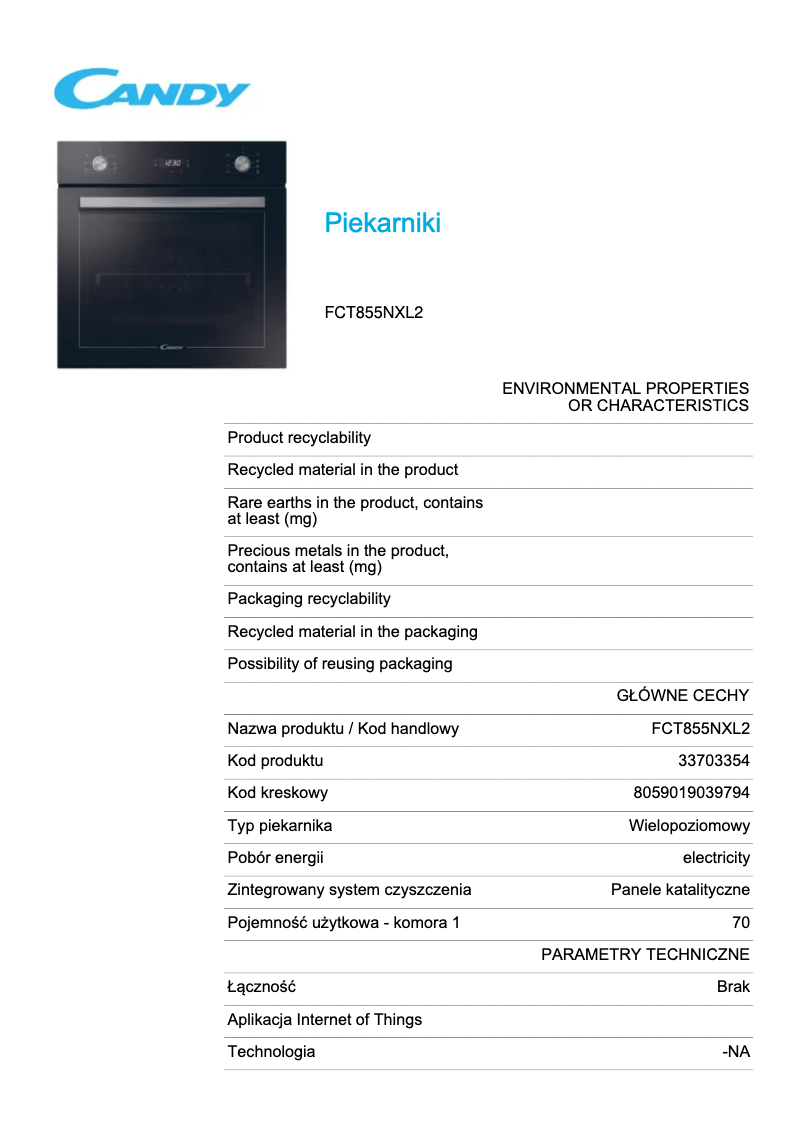 Page 1 de la notice Fiche technique Candy FCT855NXL2
