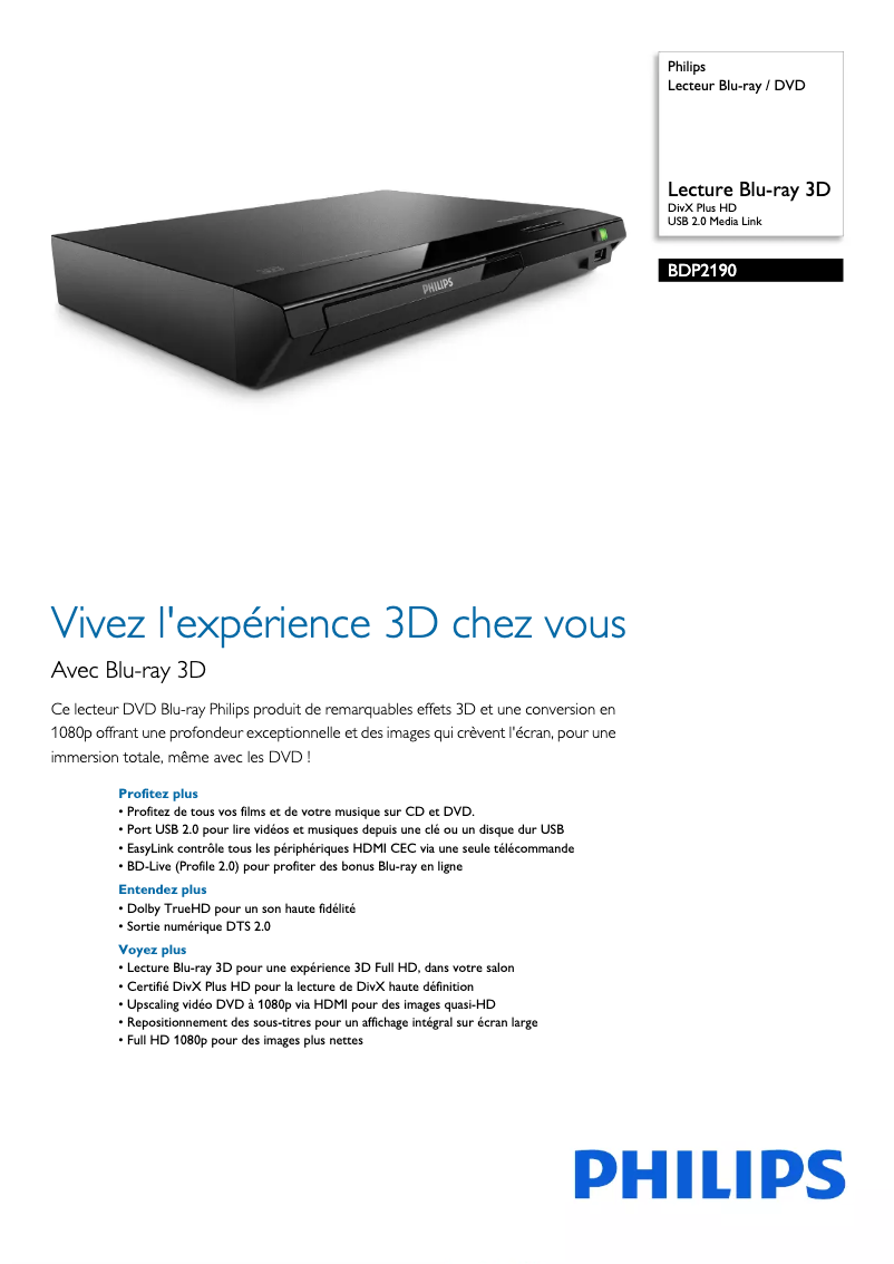 Page 1 of the manual Technical Sheet Philips BDP2190