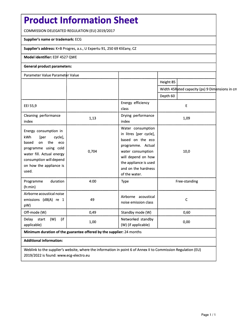 Page 1 de la notice Fiche technique ECG EDF 4527 QWE
