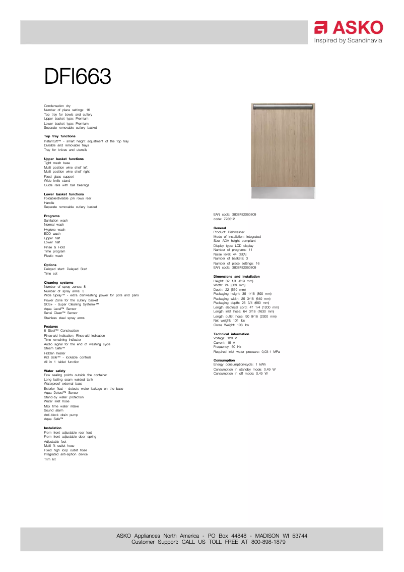 Page n°1 - Fiche technique Asko DFI663