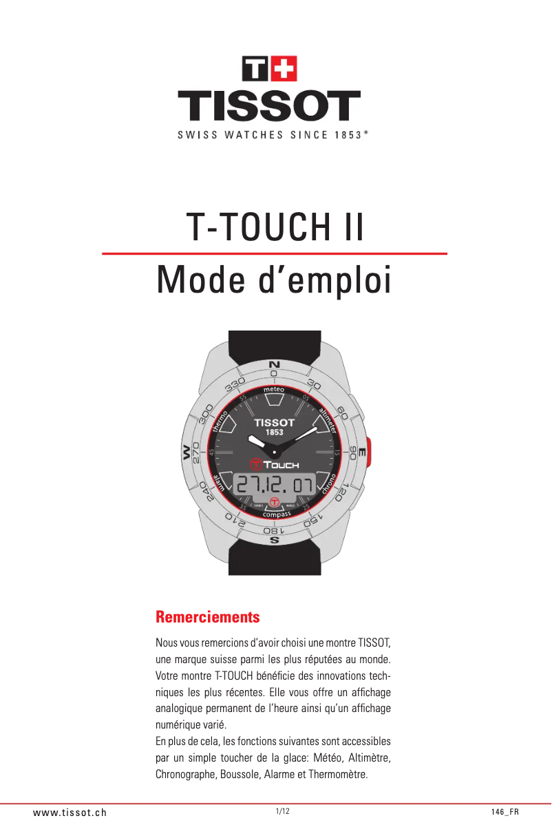 Page n°1 - Manuel utilisateur Tissot T-Touch II
