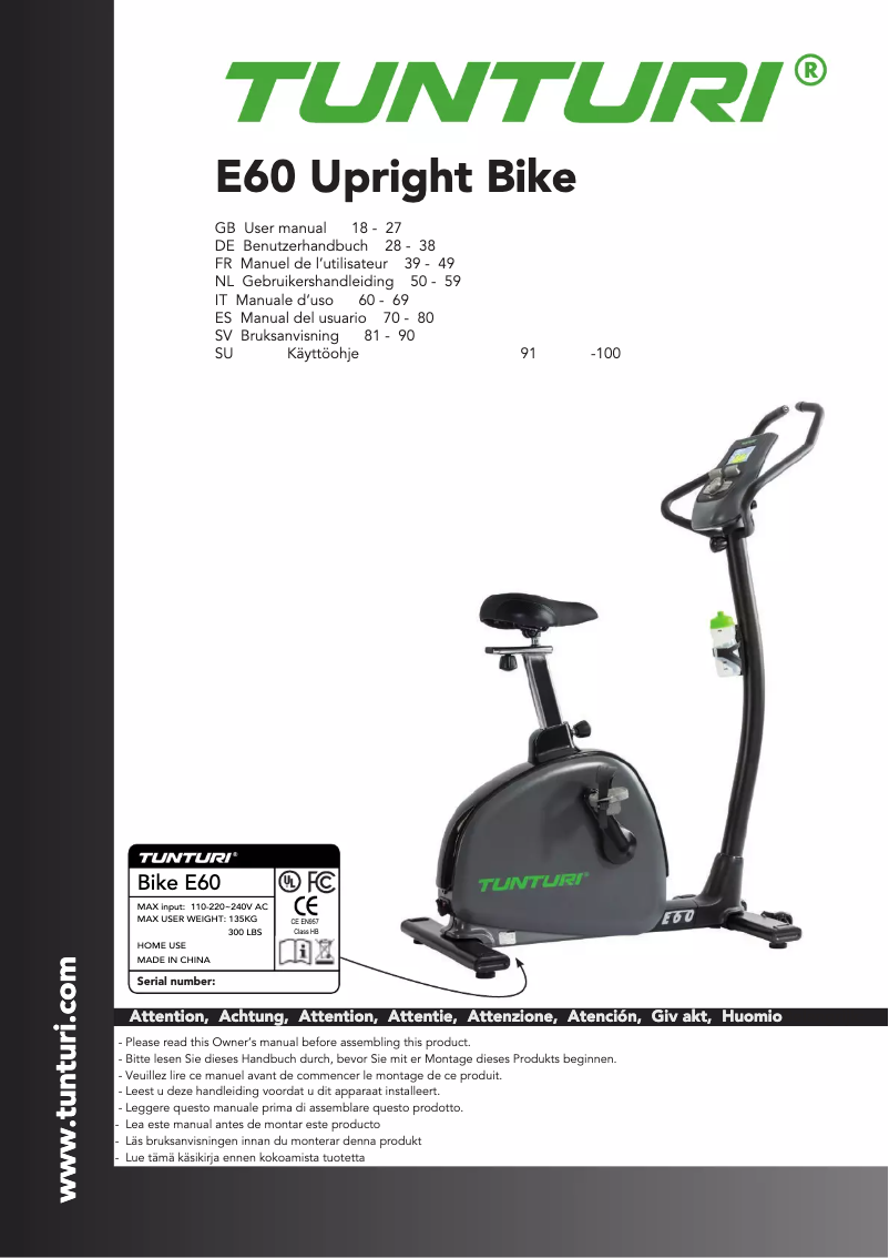 Page n°1 - Manuel utilisateur Tunturi Performance E60