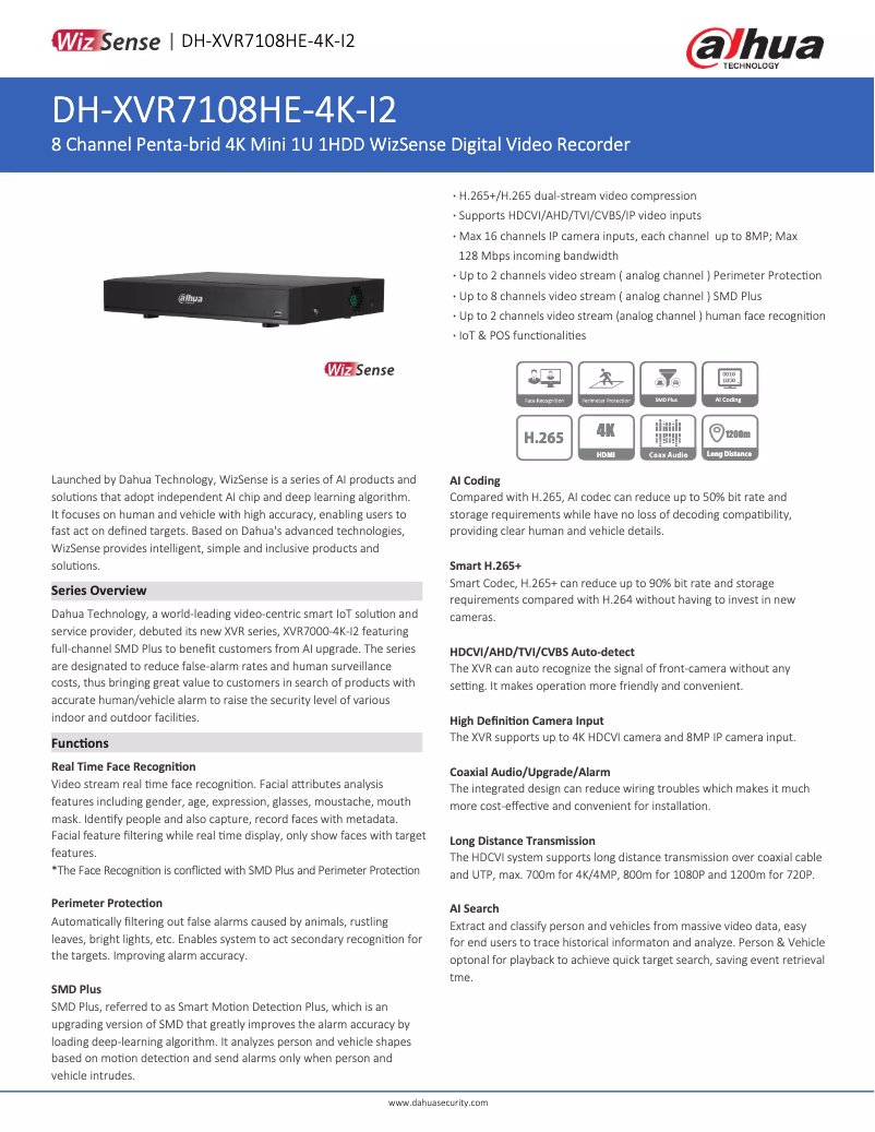 Page 1 de la notice Fiche technique Dahua Technology XVR7108HE-4K-I2