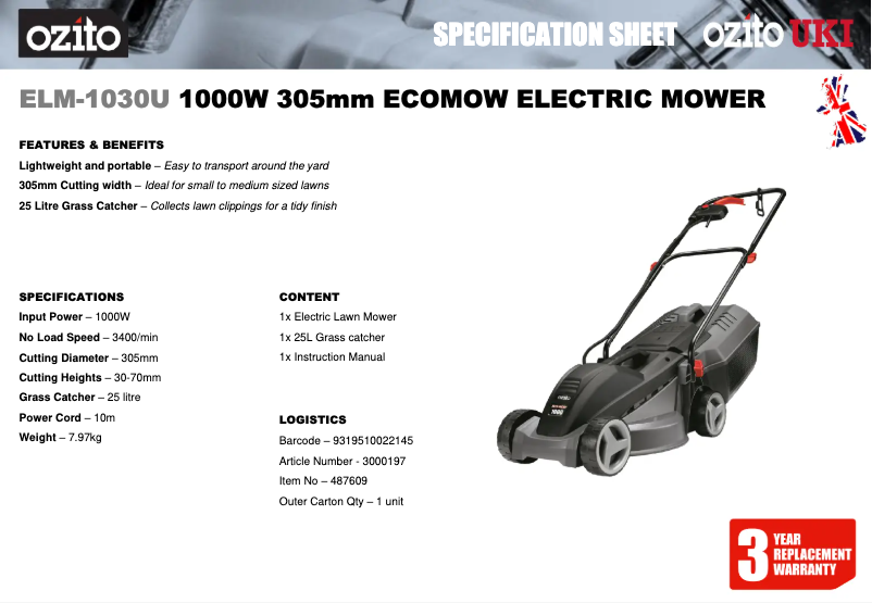 Página 1 del manual Ficha técnica Ozito ELM-1030U