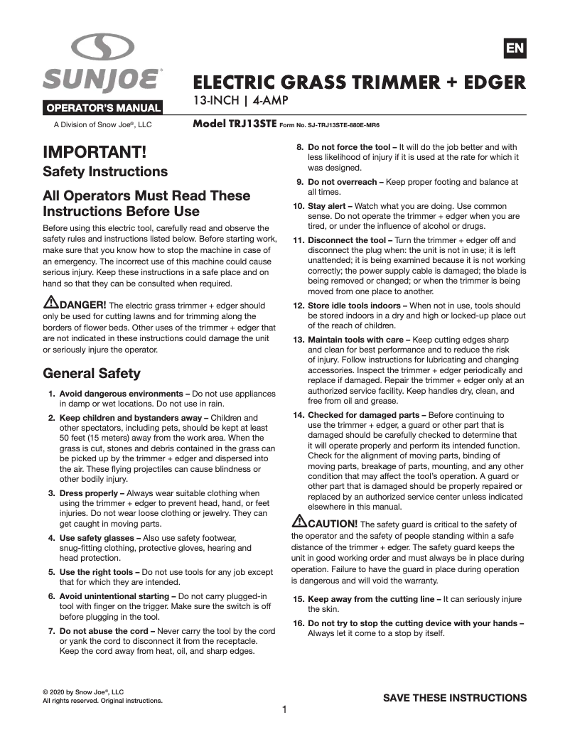 Page 1 de la notice Manuel utilisateur Sun Joe TRJ13STE