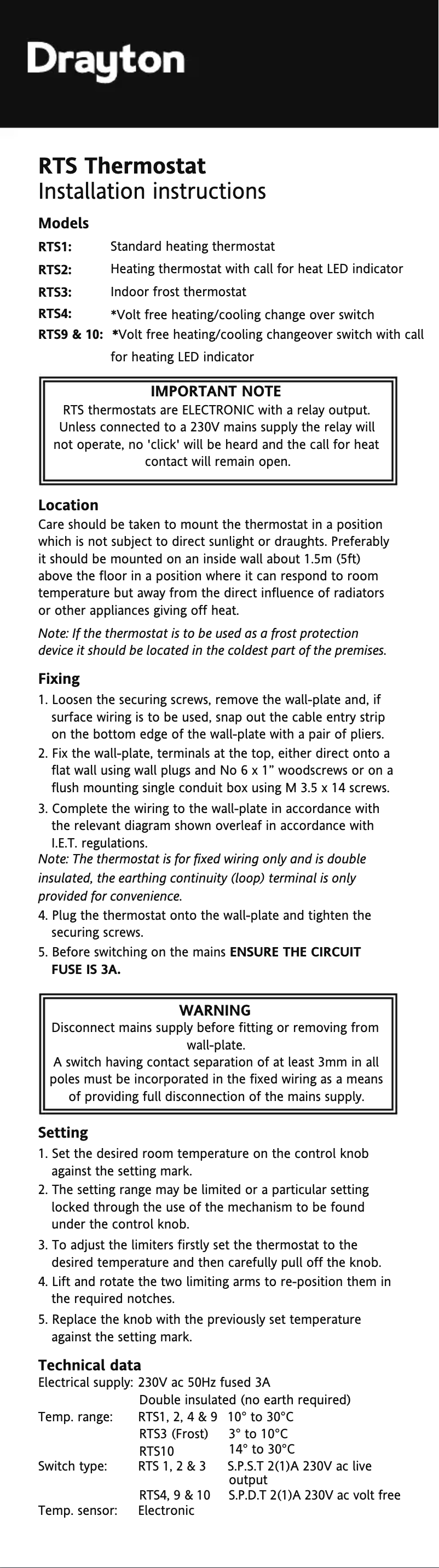 Page 1 de la notice Guide d'installation Drayton RTS1