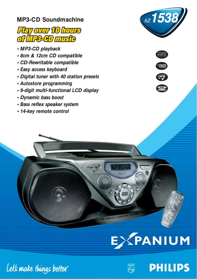 Page 1 de la notice Fiche technique Philips Soundmachine AZ1538