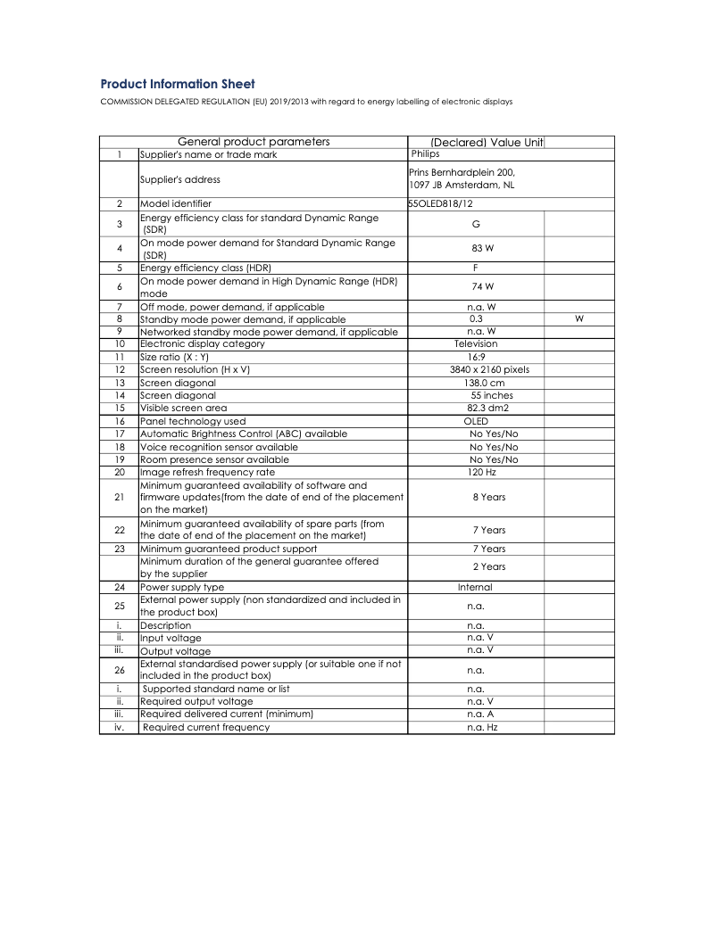 Page n°1 - Fiche technique Philips 55OLED818
