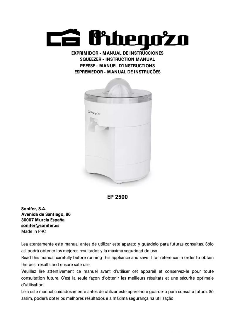 Page 1 de la notice Manuel utilisateur Orbegozo EP 2500