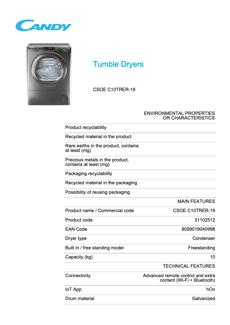 Page 1 de la notice Fiche technique Candy CSOE C10TRER-19