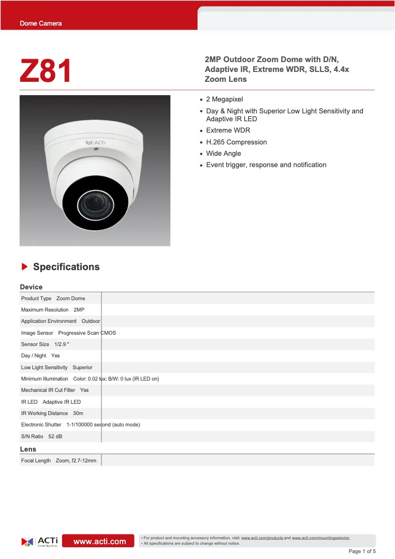 Page 1 de la notice Fiche technique ACTi Z81