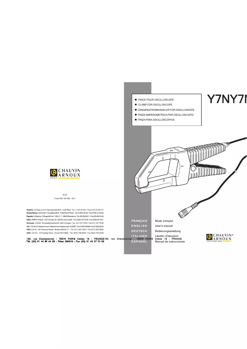 Page 1 de la notice Manuel utilisateur Chauvin Arnoux Y7N