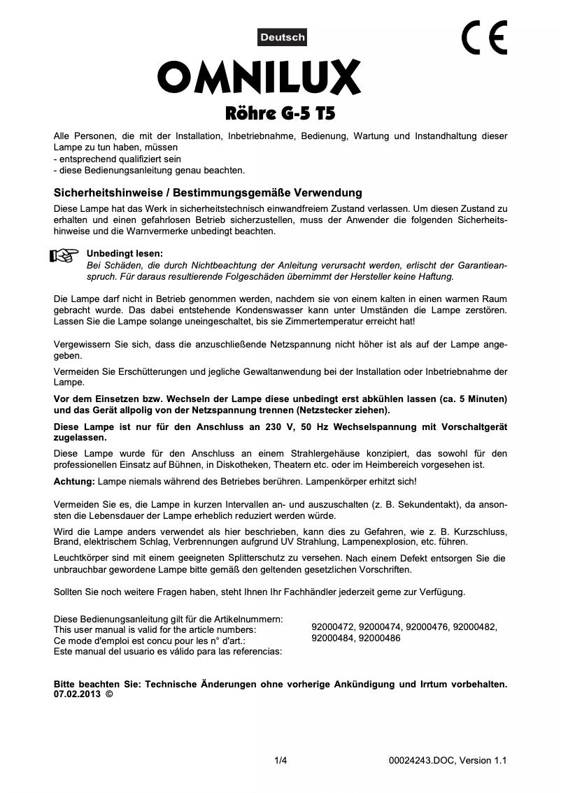 Page 1 de la notice Manuel utilisateur Omnilux Tube 8W G5