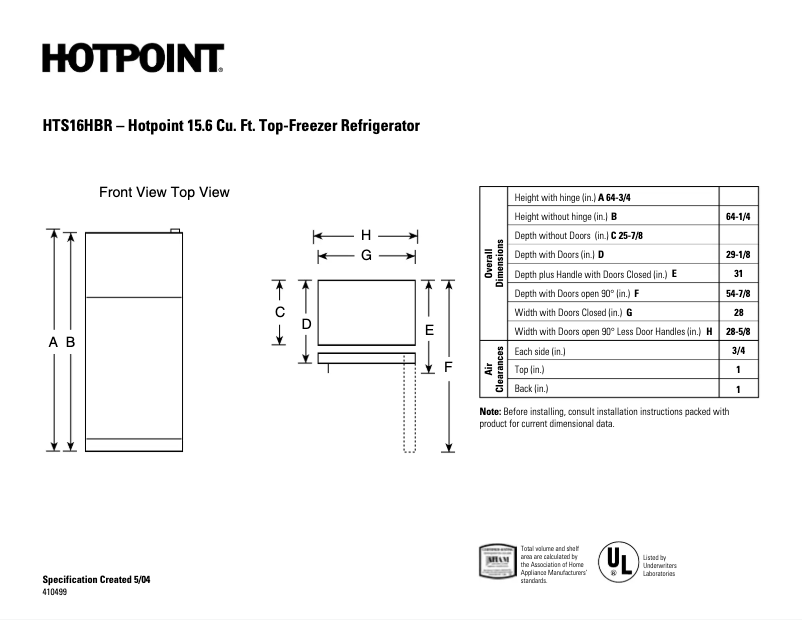 Page 1 de la notice Fiche technique Hotpoint HTS16HBRCC